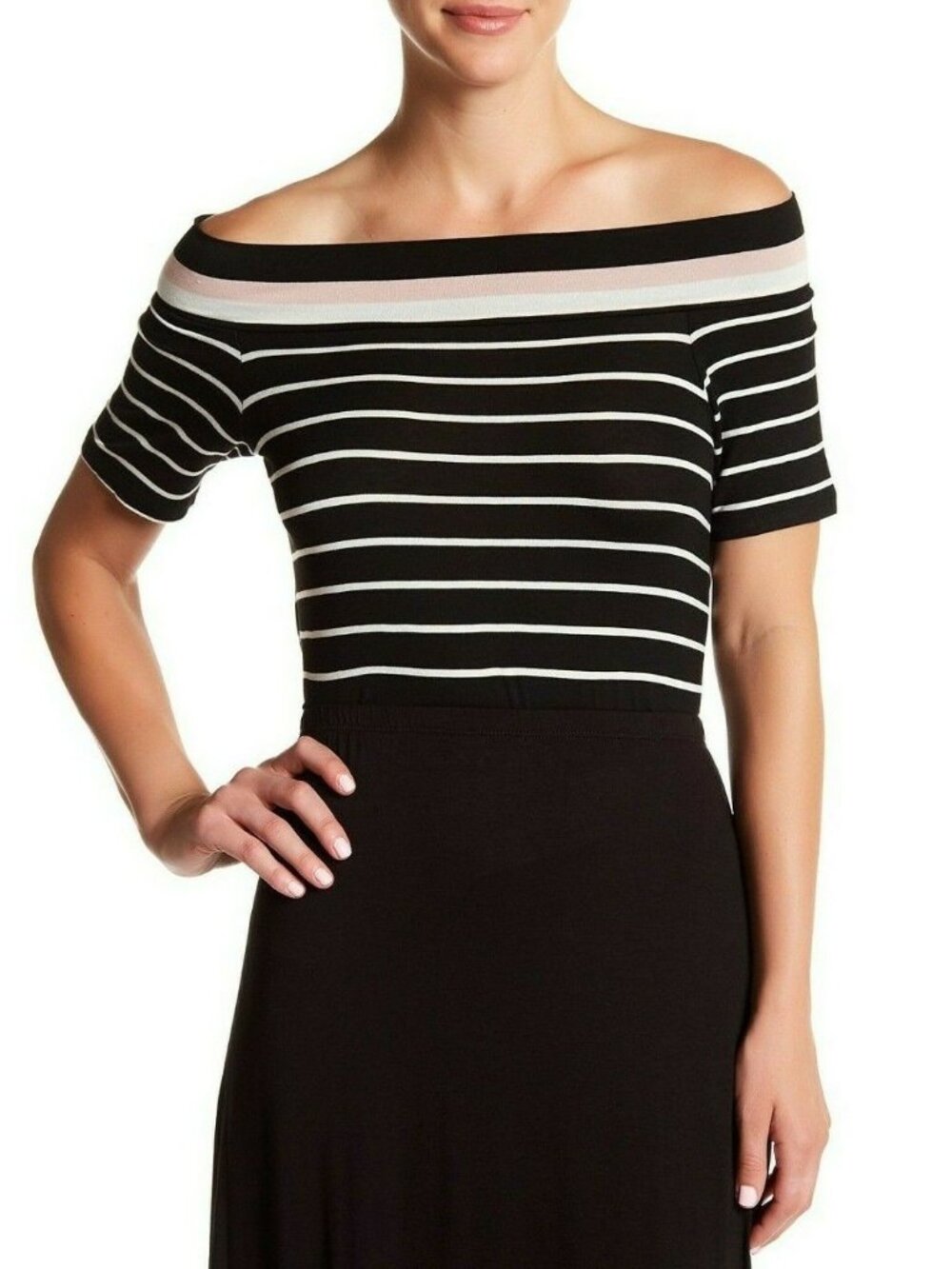 Max Studio Women's Off the Shoulder Striped Tee Tunic Top Blouse Black Size S